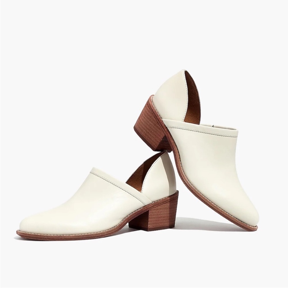 Women's White Leather Low Heel Booties